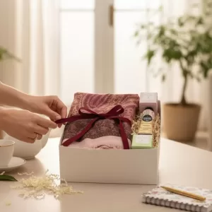 İyi Hisset Hediye Seti pembe şal ve bitki çayı kutusu