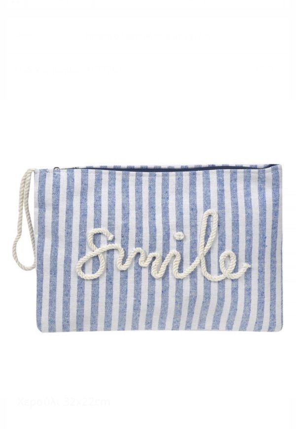 Beyaz Mavi Çizgili Smile Clutch Çanta - Görsel 3