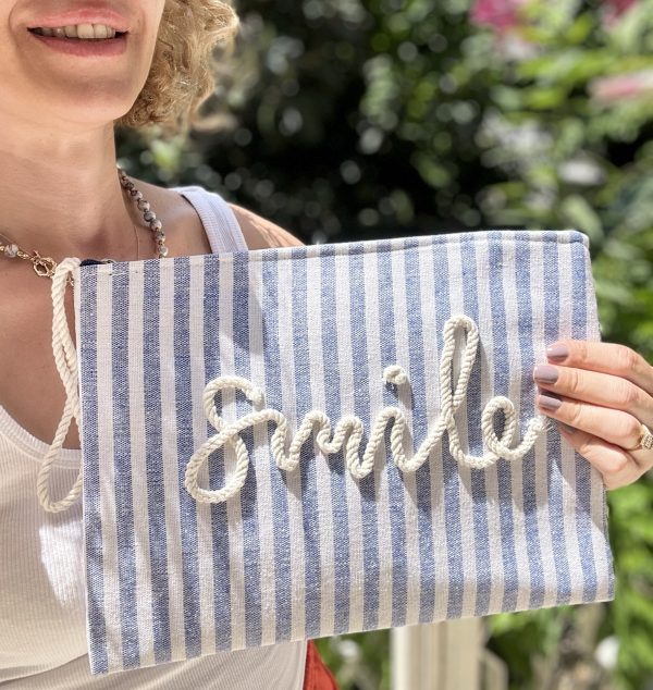 Beyaz Mavi Çizgili Smile Clutch Çanta - Görsel 2